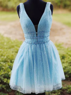 A-Line V-neck Short Tulle Homecoming Dresses