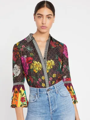 Alice   Olivia - Rivera Trumpet Sleeve Button Down in Retro Floral Multi/Combo