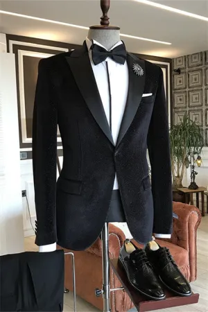 Black Peaked Lapel Two Pieces Velvet Prom Suits One Button Groomen Tuxedos