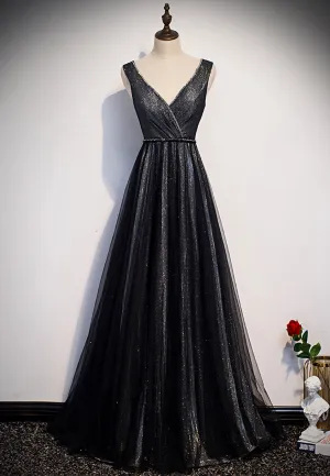 Black V-Neck Tulle Long Prom Dresses A-Line Evening Dresses