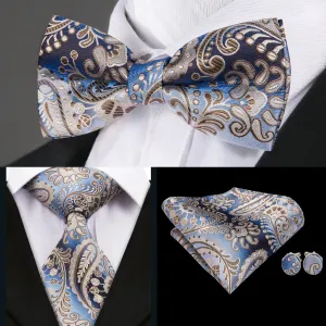 Blue Brown Paisley Bowtie Necktie Hanky Cufflinks Set