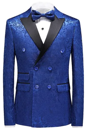 Blue Jacquard Double Breasted Three Pieces Prom Suits Wedding Groom Tuxedos