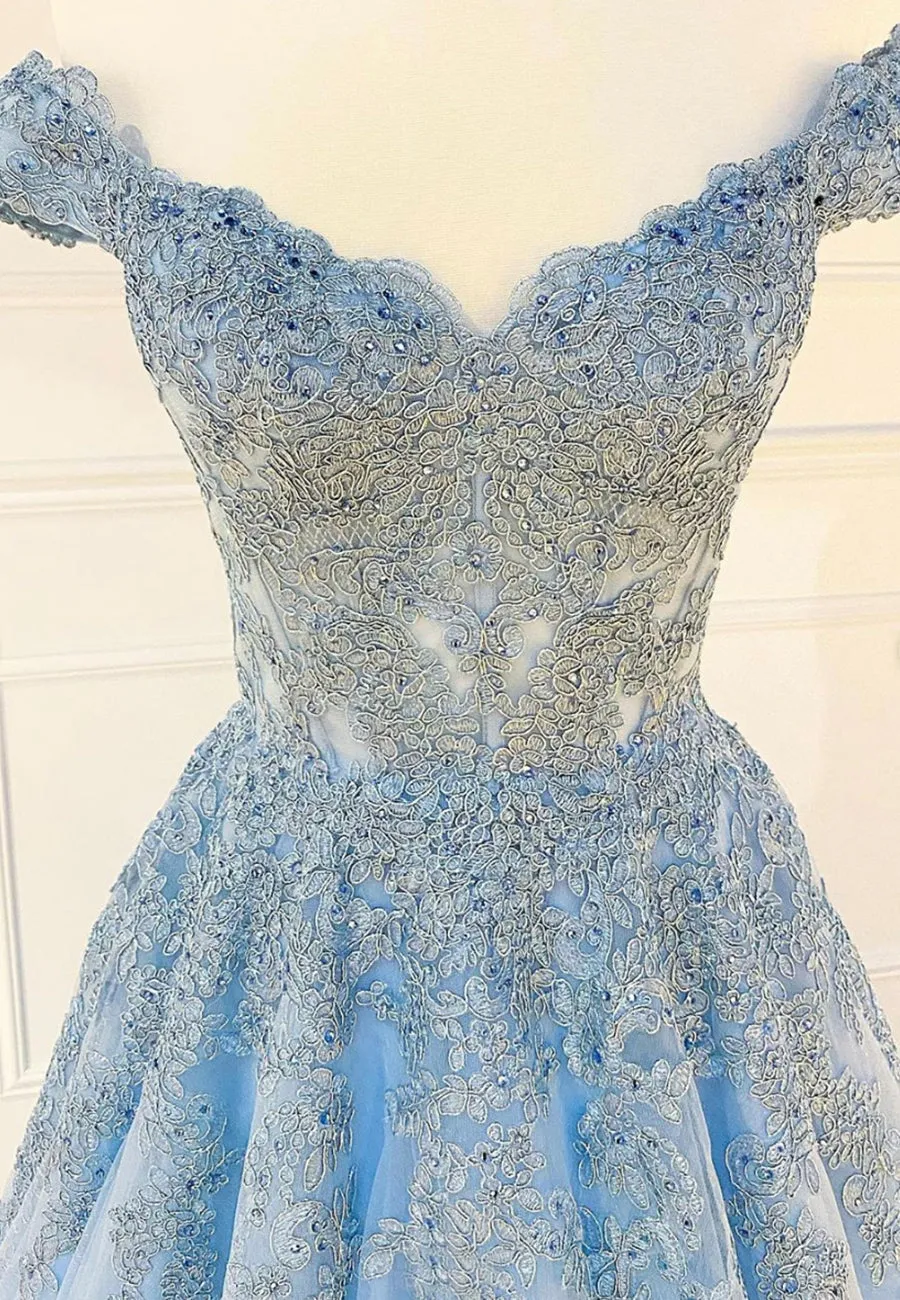 Blue Lace Off the Shoulder Prom Dresses A-Line Evening Dresses