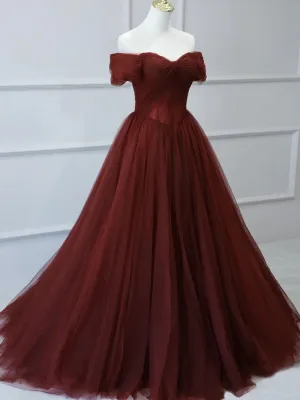 Burgundy A line Tulle Long Prom Dresses, Burgundy Long Bridesmaid Dresses