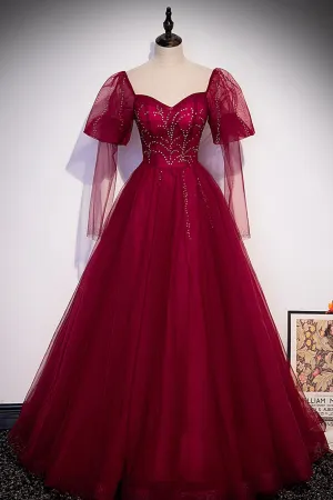 Burgundy Tulle Beading Long Prom Dresses A-Line Formal Evening Dresses