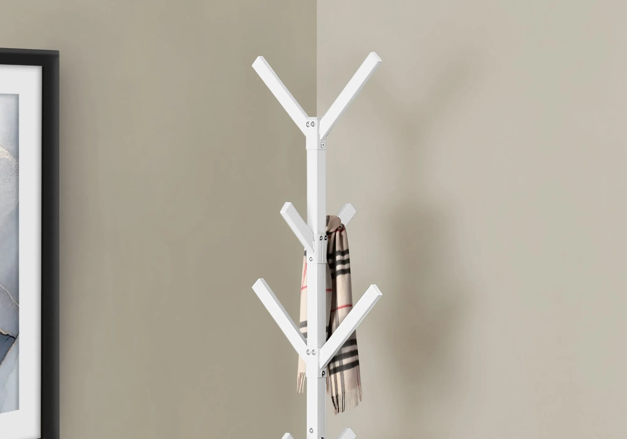 Coat Rack, Hall Tree, Free Standing, 8 Hooks, Entryway, 70"h, Bedroom, White Metal, Contemporary, Modern