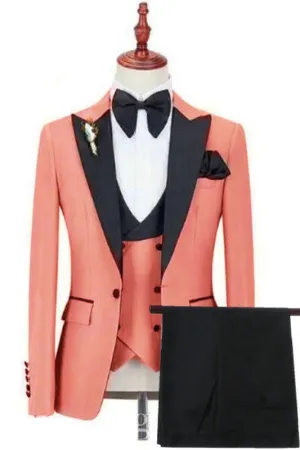 Coral Three Pieces Prom Suits with Black Peaked Lapel