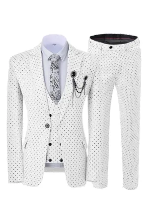 Cutom Made White Notched Lapel Three Pieces Prom Suits Black Dot Slim Fit Tuxedos