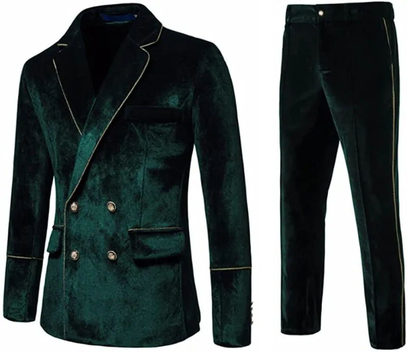 Dark Green Double Breasted Velvet Prom Suits Notched Lapel Bestmen Suits