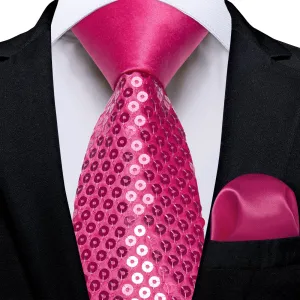 DiBanGu Sequin Tie Deep Pink Solid Mens Dress Tie Pocket Square Set for Fashion