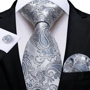 DiBanGu Silk Tie Silver Grey Blue Paisley Men's Tie Set Classic Hot