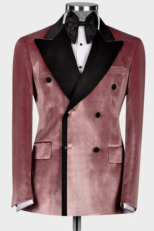 Dusty Pink Double Breasted Velvet Prom Suits with Black Peaked Lapel