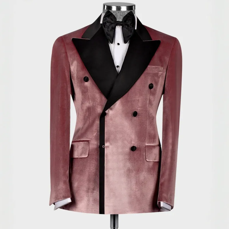 Dusty Pink Double Breasted Velvet Prom Suits with Black Peaked Lapel