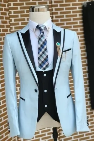 Fancy Black Lapel Light Blue Slim Fit Three Pieces Prom Suits