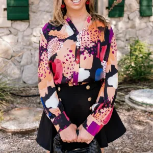 Livvy Abstract Print Satin Button Down Shirt