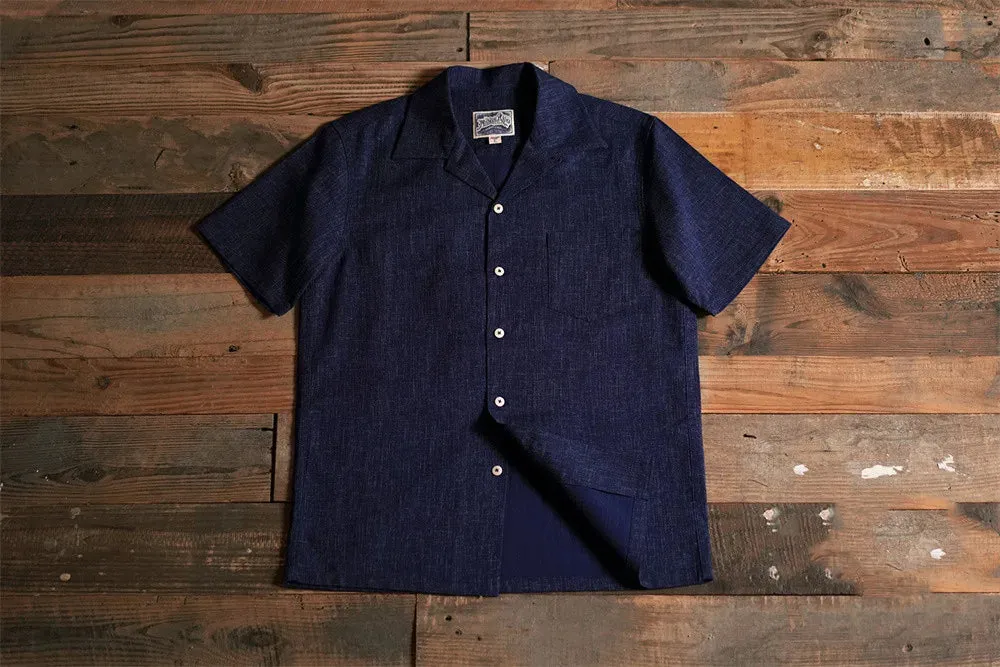 Men's Hawaiian Indigo Print Cuban Collar Shirt - Short Sleeves, Loose Fit