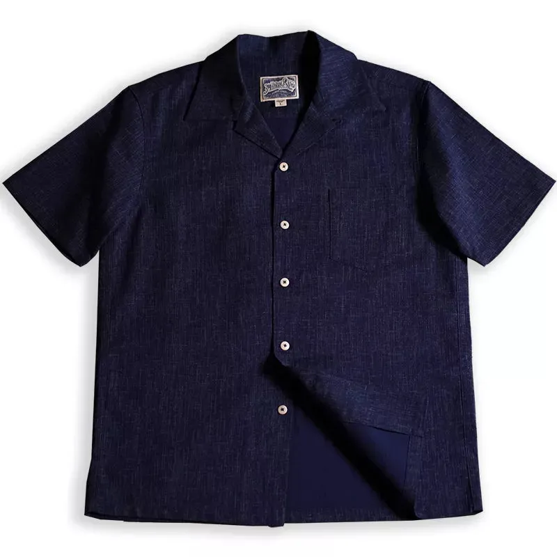 Men's Hawaiian Indigo Print Cuban Collar Shirt - Short Sleeves, Loose Fit