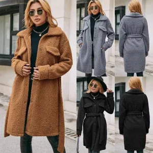 Mid Length Lapel Belted Single Breasted Plush Trench Coat