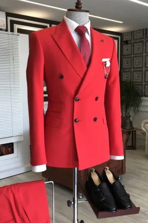 Modern Red Double Breasted Prom Suits for Men Peaked Lapel Two Pieces Business Suits