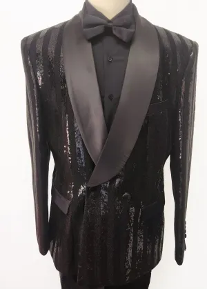 New Black Sequin Stripe Double Breasted Tuxedo Jacket