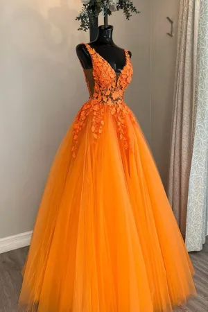 Orange V-Neck Lace Long Prom Dresses A-Line Evening Party Dresses