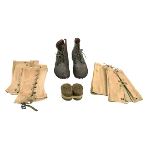 Original U.S. WWI M1917 Trench “Pershing” Boots With Wool Puttees, M1907 Gaiters and M1917 Gaiters - Matched Size 6