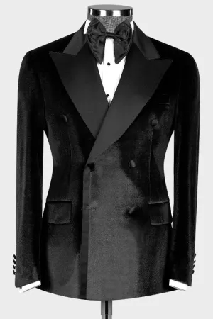 Peaked Lapel Double Breasted Velvet Black Prom Suits Wedding Suit