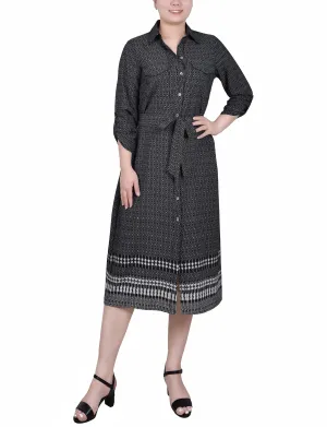 Petite 3/4 Roll Tab Sleeve Belted Shirtdress