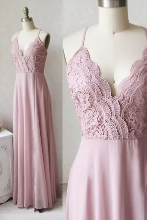 Pink Chiffon Lace Long Prom Dresses V-Neck Spaghetti Strap Party Dresses