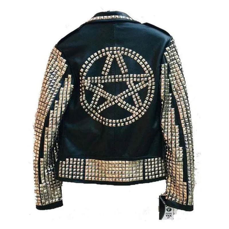 Purchase Best Punk Style Golden Studded Black Zipper Leather Jacket For Sale