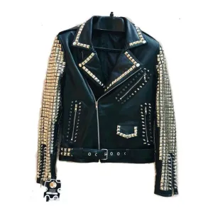 Purchase Best Punk Style Golden Studded Black Zipper Leather Jacket For Sale