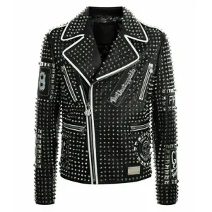 Purchase Mens Punk Biker Full Black Studded Embroidery Patches Fashion Leather Jacket For Sale