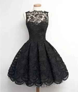 Retro A-line Black Lace Sleeveless Open Back Short Prom Dresses Homecoming Dresses