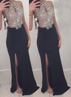 Sexy Black Beading Mermaid Long Black Prom Dresses