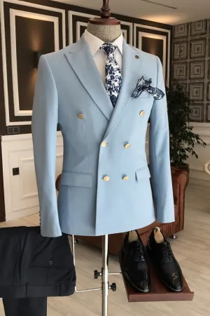 Sky Blue Double Breasted Bespoke Prom Suits with Peaked Lapel