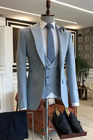 Sky Blue Peaked Lapel Three Pieces Custom Prom Suits