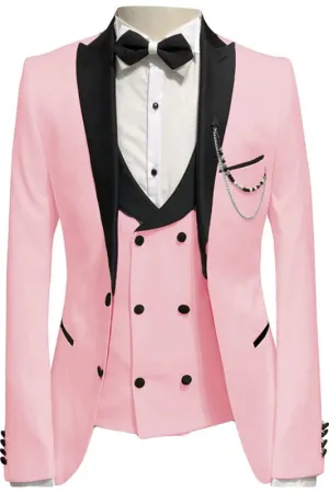 Stylish Pink Three Pieces Prom Suits with Black Peaked Lapel