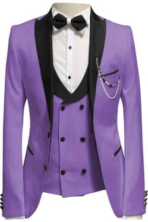 Three Pieces Slim Fit Purple Prom Suits with Black Peaked Lapel