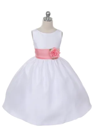 White Classic Poly Silk Girls Dress with Organza Sash