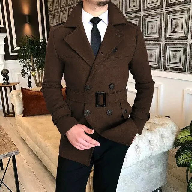 Wiaofellas Lapel Double Row Button Casual Trench Coat Woolen Coat with Belt Men's Trench Coat Autumn Men's Woolen Business Jacket