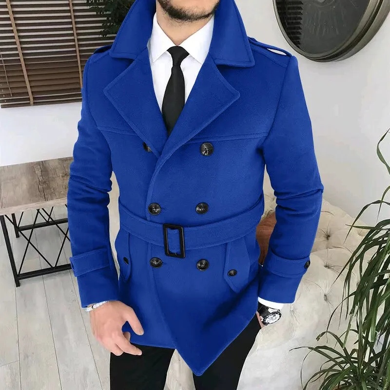 Wiaofellas Lapel Double Row Button Casual Trench Coat Woolen Coat with Belt Men's Trench Coat Autumn Men's Woolen Business Jacket