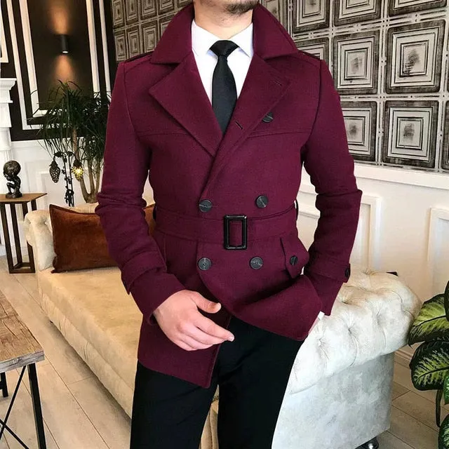 Wiaofellas Lapel Double Row Button Casual Trench Coat Woolen Coat with Belt Men's Trench Coat Autumn Men's Woolen Business Jacket