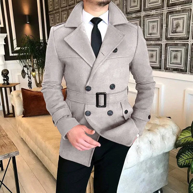 Wiaofellas Lapel Double Row Button Casual Trench Coat Woolen Coat with Belt Men's Trench Coat Autumn Men's Woolen Business Jacket