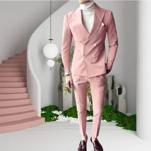 WIAOFELLAS Pink Fashion Sunshine Men Suits Double Breasted 2 Pieces (Jacket Pants) Peaked Collar Slim Fit Set for Wedding Party Tuxedos