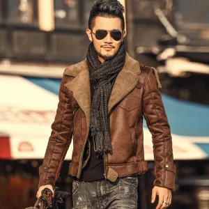 Winter thickened faux fur one jacket suede  lamb hair male slim motorcycle leather jacket F1056