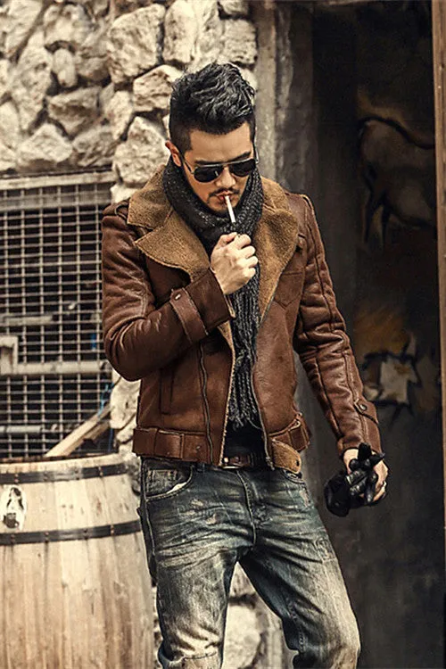 Winter thickened faux fur one jacket suede  lamb hair male slim motorcycle leather jacket F1056