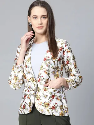 Women White & Yellow Satin Finish Floral Print Single-Breasted Blazer