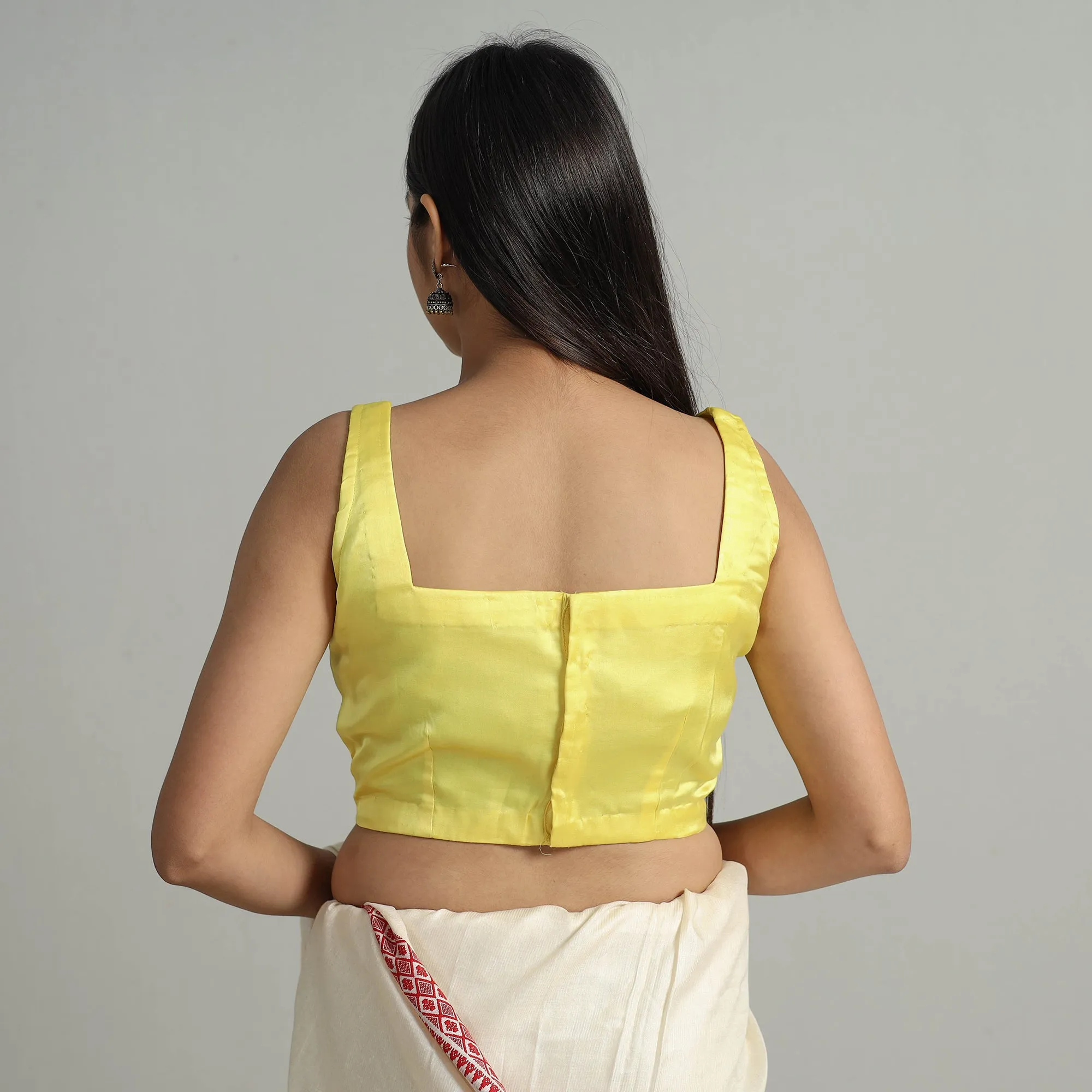 Yellow - Modal Silk Plain Stitched Blouse 12